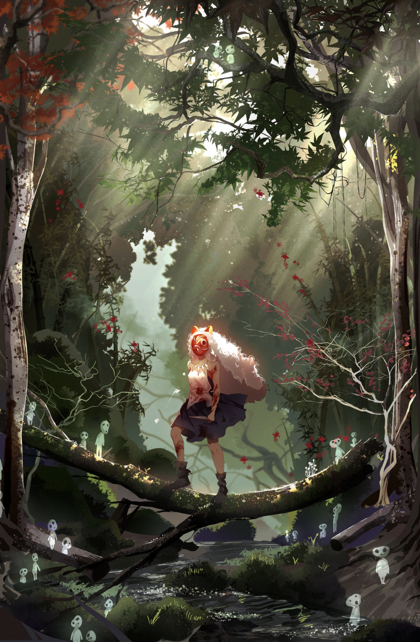 1girl, absurdres, artkurera, blood, blood_on_clothes, commentary, dappled_sunlight, english_commentary
