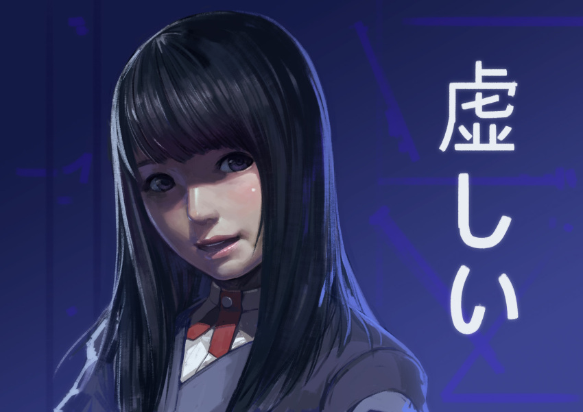 1girl, black_hair, blue_background, brown_eyes, commentary_request, grey_jacket, highres, jacket, keyakizaka46, long_hair, looking_at_viewer, nagahama_neru, parted_lips, portrait, solo, zhenlin