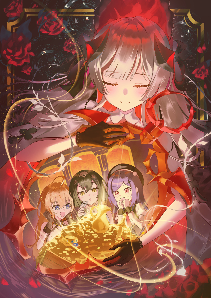 +_+, 4girls, :d, absurdres, ahoge, amber_(stella_sora), black_gloves, black_hair