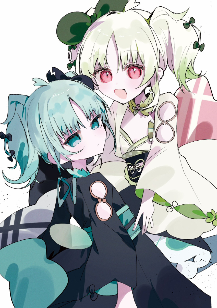 2girls, aqua_hair, black_bow, black_bowtie, blue_eyes, bow, bowtie, commentary_request