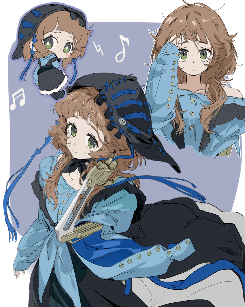 absurdres, beamed_sixteenth_notes, black_coif, black_skirt, blue_background, blue_shirt, border, brown_hair