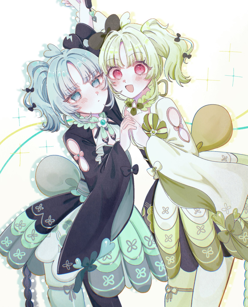 2girls, black_bow, black_bowtie, blue_eyes, blush, bow, bowtie, commentary_request