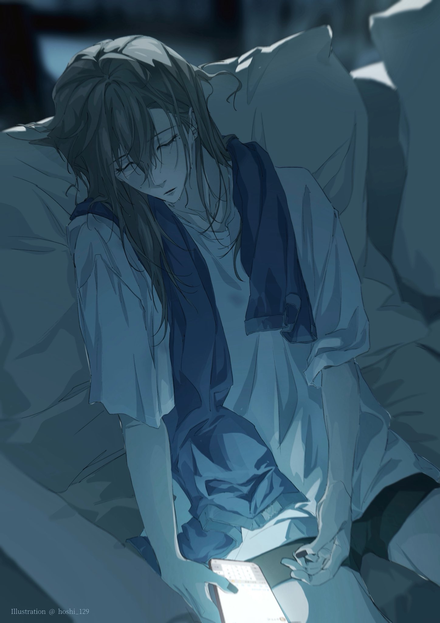 1boy, alternate_costume, black_shorts, brown_hair, cellphone, closed_eyes, commentary, couch