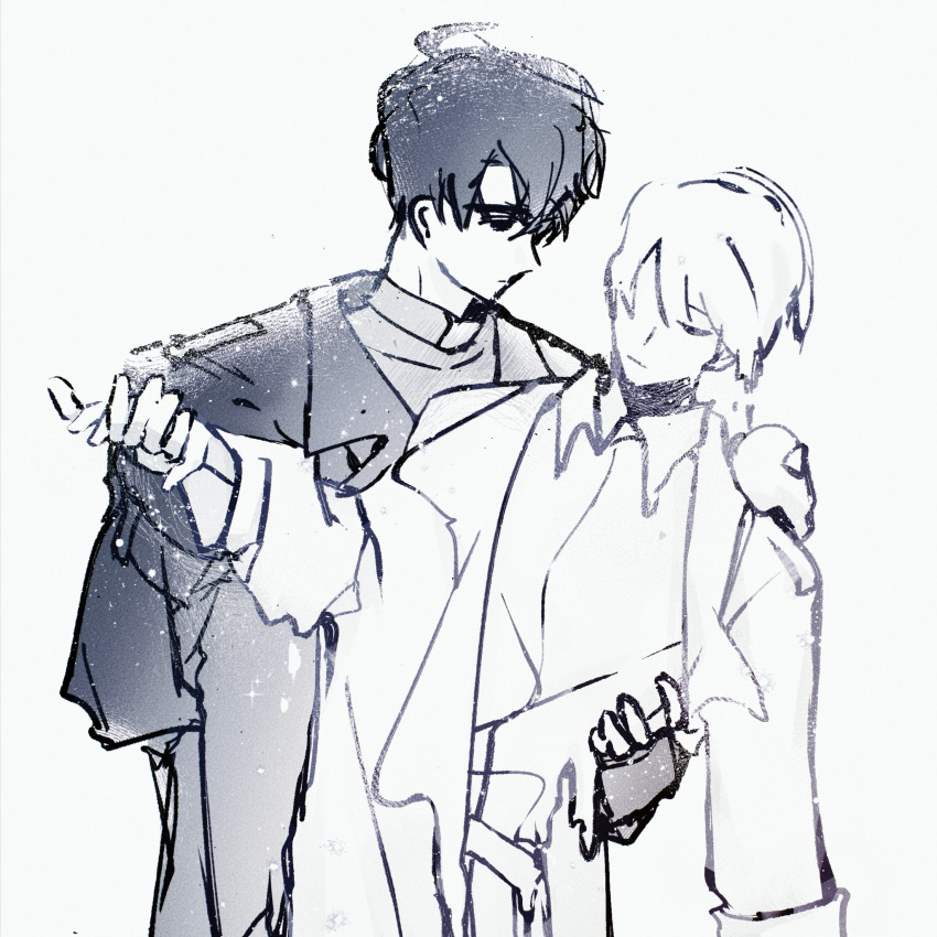 2boys, 8612starreader, animal_on_shoulder, belt_collar, biyoo_(omniscient_reader's_viewpoint), coat, collar, collared_shirt, commentary, cowboy_shot, fingerless_gloves, gloves, greyscale, hand_on_another's_waist, hand_up, highres, holding_hands, kim_dokja, looking_at_another, male_focus, melting, monochrome, multiple_boys, omniscient_reader's_viewpoint, open_clothes, open_coat, popped_collar, shirt, short_hair, sketch, symbol-only_commentary, yoo_joonghyuk