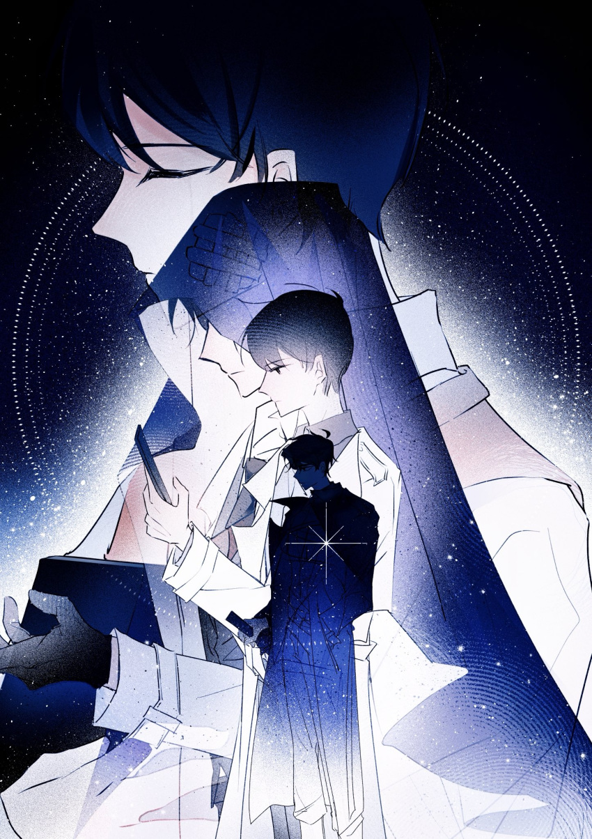 4boys, 8612starreader, black_coat, black_gloves, black_hair, black_shirt, closed_eyes, coat