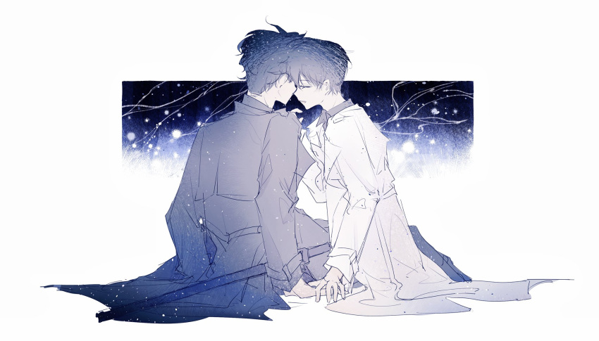 2boys, 8612starreader, black_coat, black_hair, black_shirt, closed_eyes, coat, collared_shirt