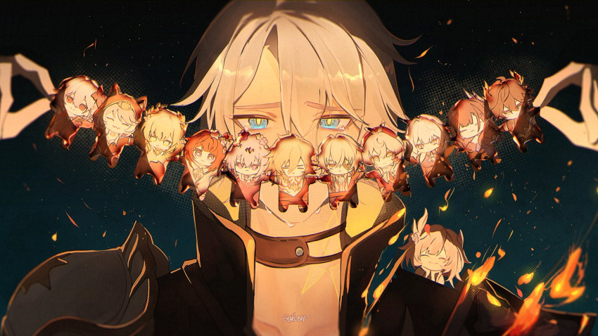 1boy, 1girl, aglaea_(honkai:_star_rail), anaxa_(honkai:_star_rail), armor, artist_name, black_choker, black_shirt, blue_eyes, castorice_(honkai:_star_rail), cerydra_(honkai:_star_rail), choker, chrysos_heirs_(honkai:_star_rail), cipher_(honkai:_star_rail), commentary, crying, crying_with_eyes_open, cyrene_(demiurge)_(honkai:_star_rail), cyrene_(honkai:_star_rail), dan_heng_(honkai:_star_rail), dan_heng_(permansor_terrae)_(honkai:_star_rail), embers, evernight_(honkai:_star_rail), fire, hair_between_eyes, hands_up, highres, honkai:_star_rail, honkai_(series), hyacine_(honkai:_star_rail), hysilens_(honkai:_star_rail), looking_at_viewer, male_focus, march_7th_(honkai:_star_rail), mini_person, mini_person_on_shoulder, minigirl, moonya, mydei_(honkai:_star_rail), neck_tattoo, paper_doll_chain, parted_bangs, pauldrons, phainon_(honkai:_star_rail), raised_eyebrows, shirt, short_hair, shoulder_armor, signature, single_pauldron, solo_focus, sun_symbol, sun_tattoo, symbol-only_commentary, tattoo, tears, tribbie_(honkai:_star_rail), upper_body, white_hair