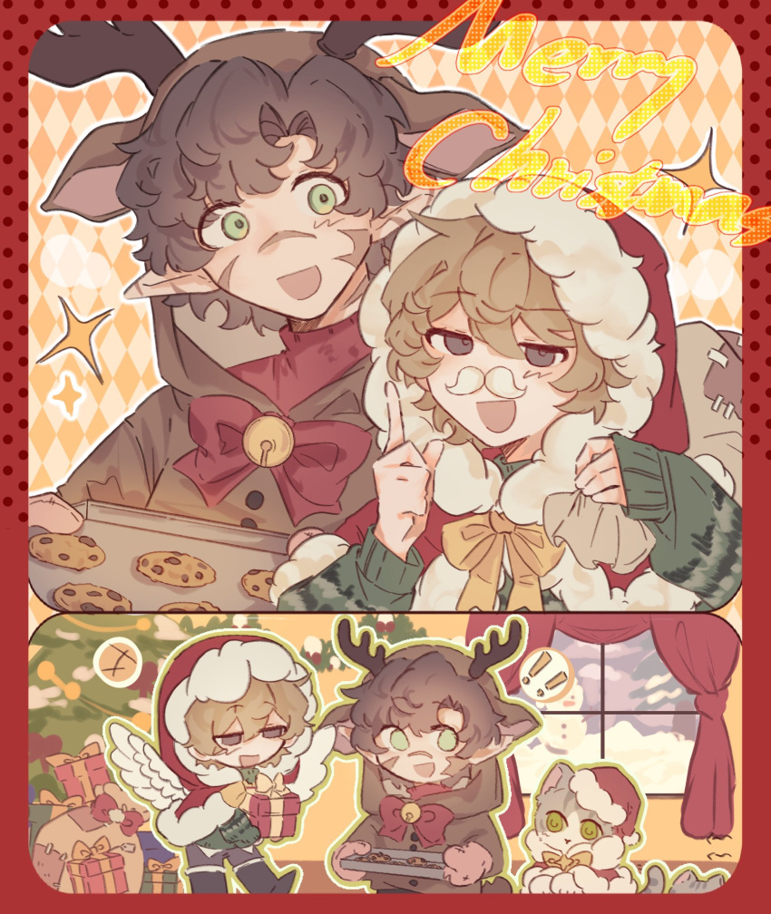 2boys, :d, alternate_costume, animal_costume, animification, antlers, bell, border