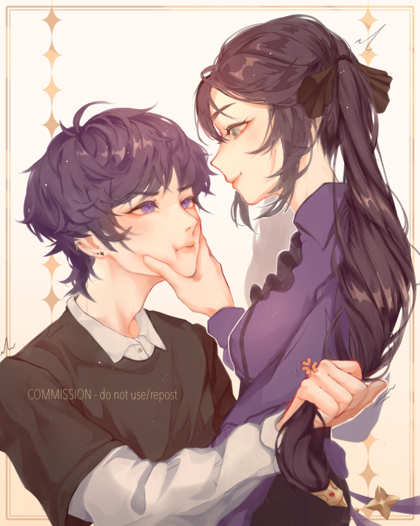 1boy, 1girl, :t, alternate_costume, anger_vein, aqua_eyes, black_bow, black_hair, black_shirt, black_sleeves, bow, casual, cheek_squash, closed_mouth, collared_shirt, commentary, commission, contemporary, couple, crew_neck, english_commentary, eyeliner, genshin_impact, grabbing_another's_hair, hair_bow, hand_on_another's_face, hetero, highres, holding_another's_hair, layered_sleeves, light_frown, long_hair, long_sleeves, makeup, mona_(genshin_impact), pluvioseprince, ponytail_holder, purple_hair, purple_shirt, purple_sleeves, red_eyeliner, red_lips, rounded_collar, scaramouche_(genshin_impact), shirt, short_over_long_sleeves, short_sleeves, smile, tsurime, twintails, undershirt, violet_eyes, watermark, white_background, white_shirt, white_sleeves