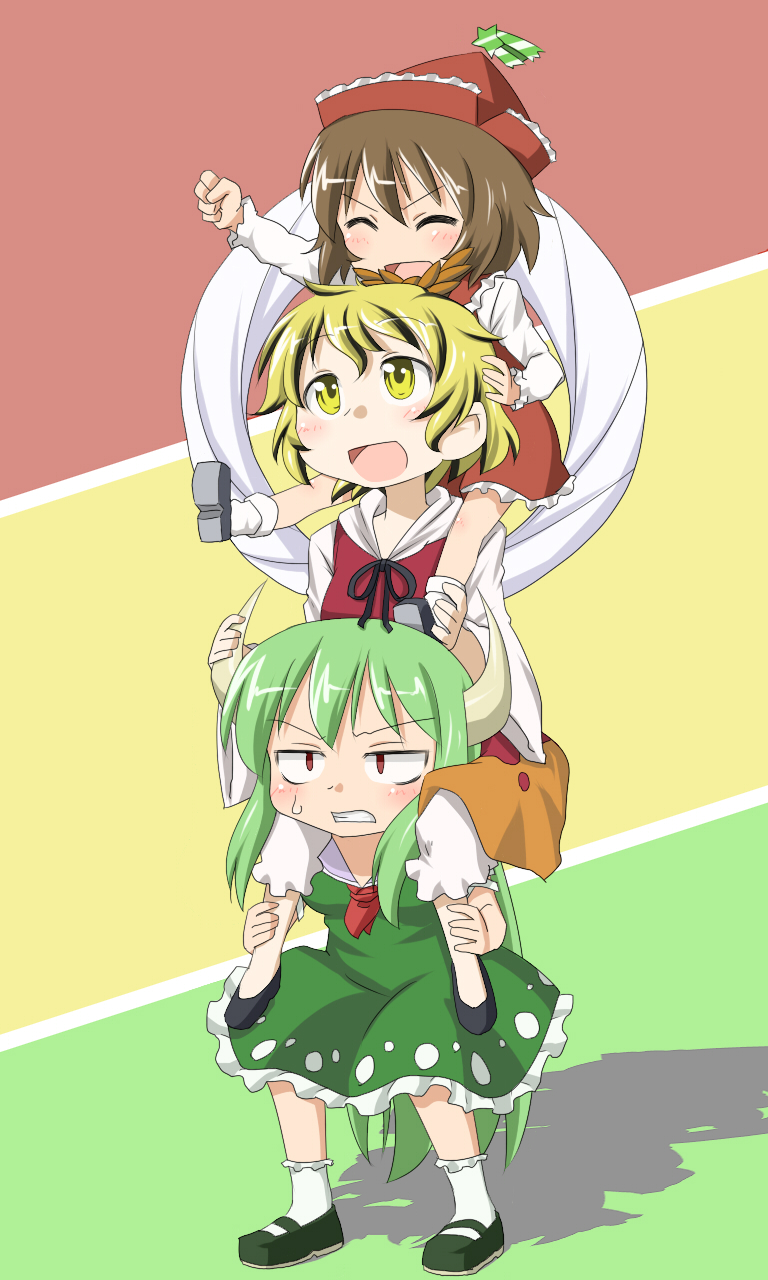 blonde_hair, brown_hair, carrying, dai_(touhou_handdrawn), ex-keine, green_hair, hat, highres
