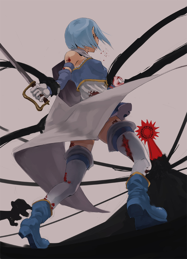 back, bare_shoulders, blood, blue_hair, boots, cloak, elsa_maria_(madoka_magica), gloves