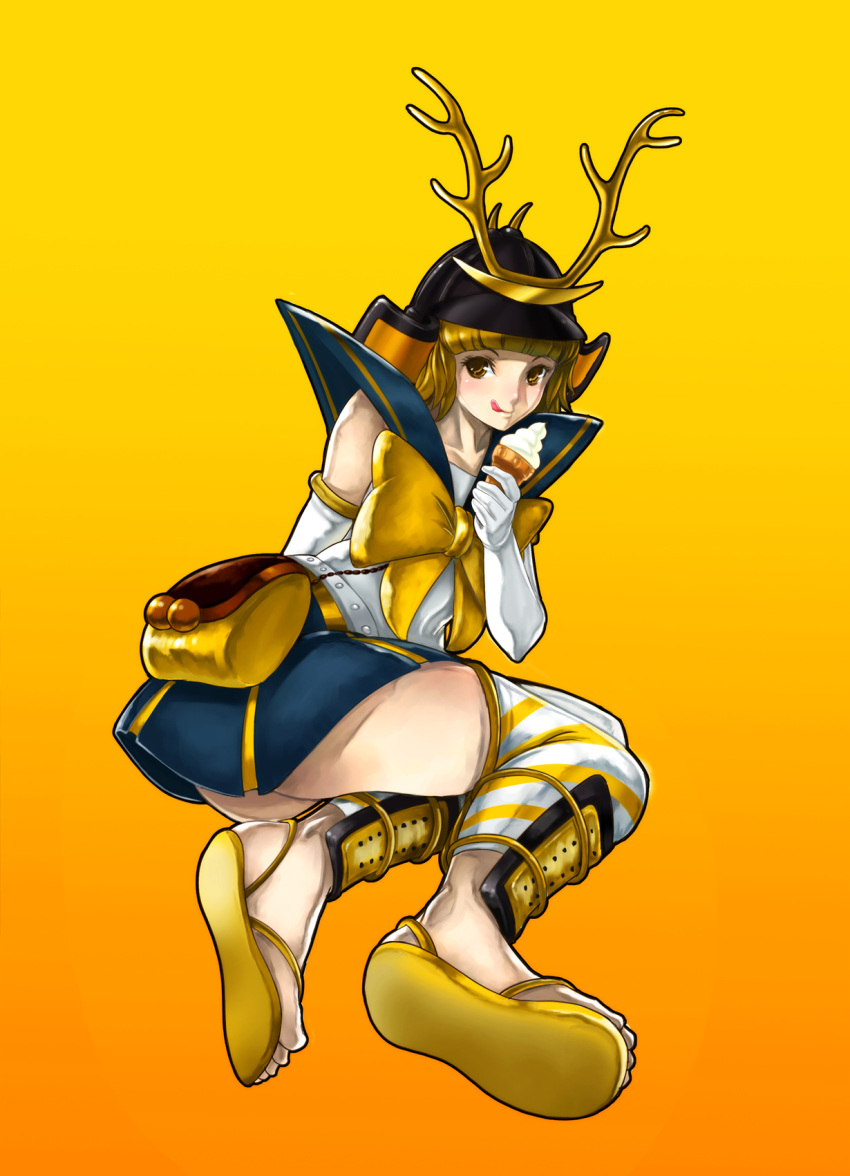 blonde_hair, bow, food, gradient, gradient_background, helmet, highres, ice_cream, jinn_(popmart), kabuto, onegai!_ranking, onegai_yellow, original, sandals, shin_guards, short_hair, solo, tongue, yellow, yellow_eyes