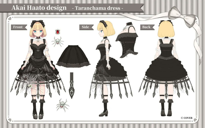 1girl, akai_haato, akai_haato_(9th_costume), ankle_strap, black_boots, black_choker, black_dress, blonde_hair