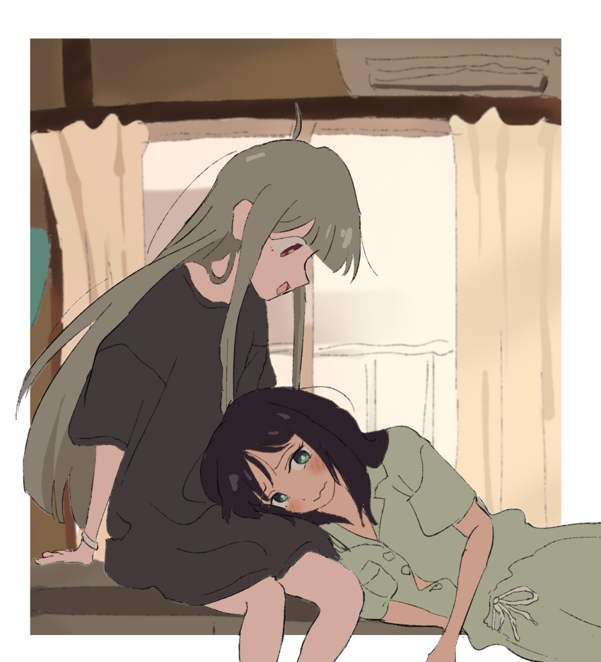 2girls, absurdres, arm_support, black_shirt, blunt_bangs, blush, border, cho_kaguya-hime!, curtains, green_eyes, green_pajamas, green_shirt, grey_hair, hashtag-only_commentary, highres, indoors, kaguya_(cho_kaguya-hime!), lap_pillow, long_hair, looking_at_another, looking_down, lying, multiple_girls, on_side, open_mouth, pajamas, red_eyes, sakayori_iroha, shirt, short_sleeves, sitting, siyuyukika, smile, t-shirt, wavy_mouth, white_border, window