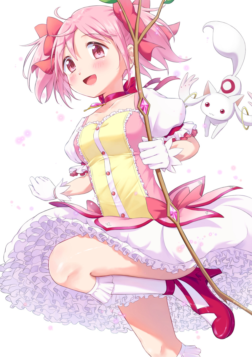 1girl, absurdres, azuma_rui, blush, bow, bowtie, commentary, dress, frilled_dress, frills, highres, kaname_madoka, kaname_madoka_(magical_girl), kyubey, lolita_fashion, magical_girl, mahou_shoujo_madoka_magica, mahou_shoujo_madoka_magica_(anime), mahou_shoujo_madoka_magica_magia_exedra, mascot, open_mouth, pink_eyes, pink_hair, red_bow, red_bowtie, short_hair, smile, socks, white_socks