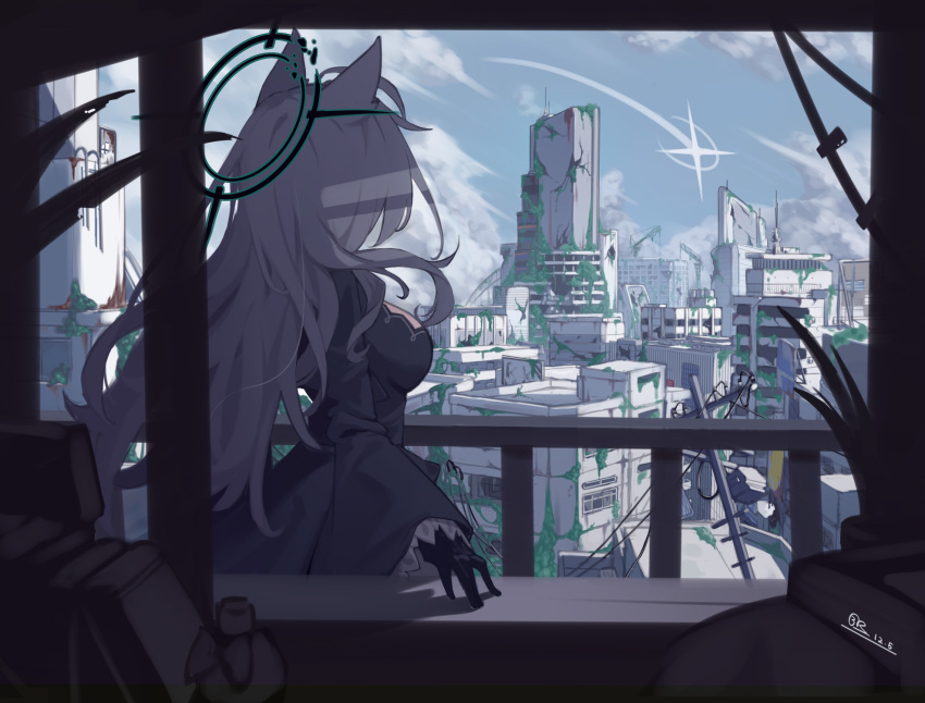 1girl, ahoge, animal_ears, black_dress, black_gloves, black_halo, blue_archive, blue_sky