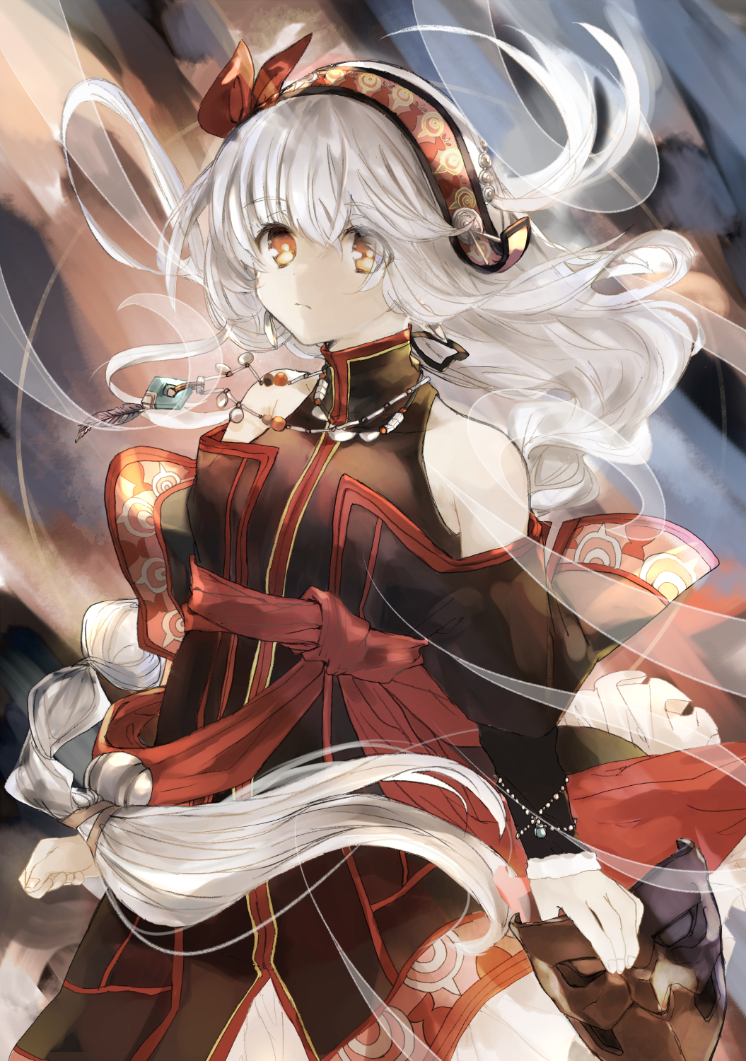 1girl, braid, closed_mouth, comiket_102, commentary_request, detached_sleeves, hairband, highres