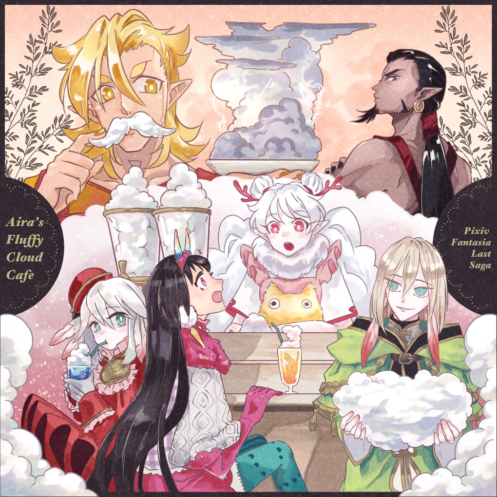 398hajime, 3boys, 3girls, :o, aion_(pixiv_fantasia_last_saga), beard, black_dragon_dareiko, black_hair
