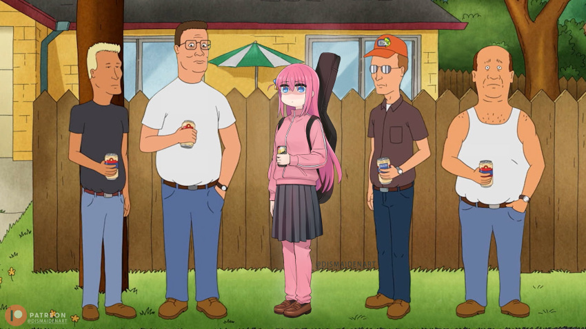 1girl, 4boys, :|, artist_name, bald, baseball_cap, beer_can, bill_dauterive