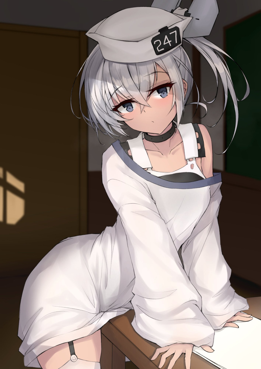 1girl, commentary_request, crotch_rub, dace_(kancolle), dark-skinned_female, dark_skin, dixie_cup_hat, garter_straps