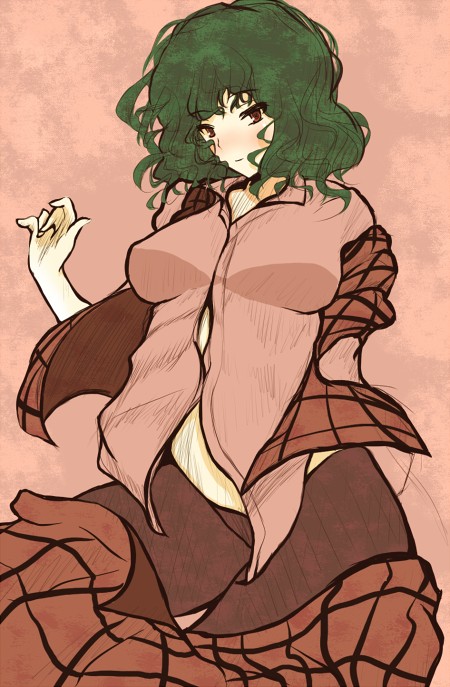 ascot, bad_id, blush, breasts, flan_(harry_mackenzie), green_hair, gringrin, kazami_yuuka