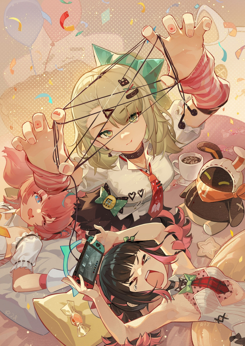 >_<, 3girls, angels_of_delusion, aria_(zenless_zone_zero), arm_warmers, bangboo_(zenless_zone_zero), black_choker, black_skirt