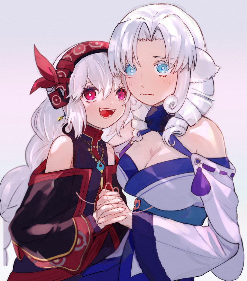 2girls, blue_eyes, blush, braid, breasts, closed_mouth, commentary_request, curly_hair