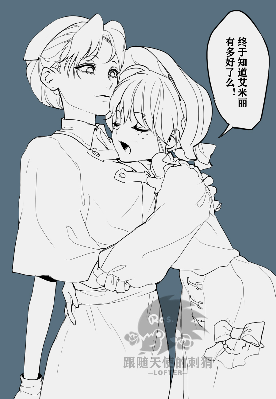 2girls, arms_around_waist, blue_background, bow, capelet, chinese_text, closed_eyes, collared_capelet