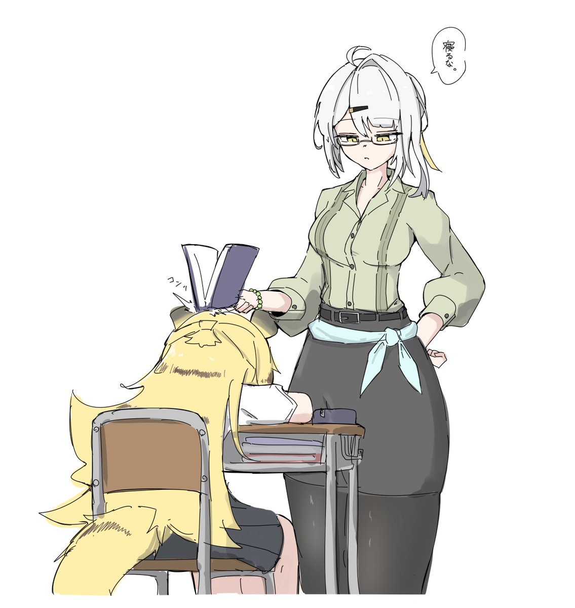 1girl, 2girls, ahoge, animal_ears, black_pantyhose, black_skirt, blonde_hair, book, collared_shirt, commentary_request, desk, glasses, green_shirt, gusumandesuyo, highres, holding, holding_book, ju_fufu, multiple_girls, official_alternate_costume, pantyhose, pencil_skirt, school_desk, shirt, single_hair_intake, sitting, skirt, sleeping, speech_bubble, tiger_ears, tiger_girl, white_background, white_hair, yixuan_(zenless_zone_zero), zenless_zone_zero