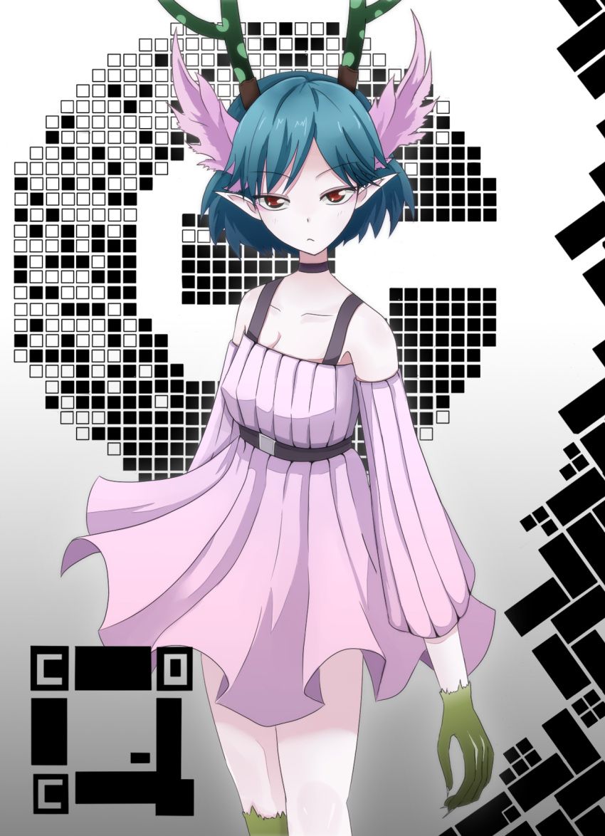 bare_shoulders, blue_hair, bob_cut, c_(control), c_the_money_of_soul_and_possibility_control, choker, dress, hair_ornament, head_wings, highres, horns, kisenon, pointy_ears, q_(control), red_eyes, short_hair, solo