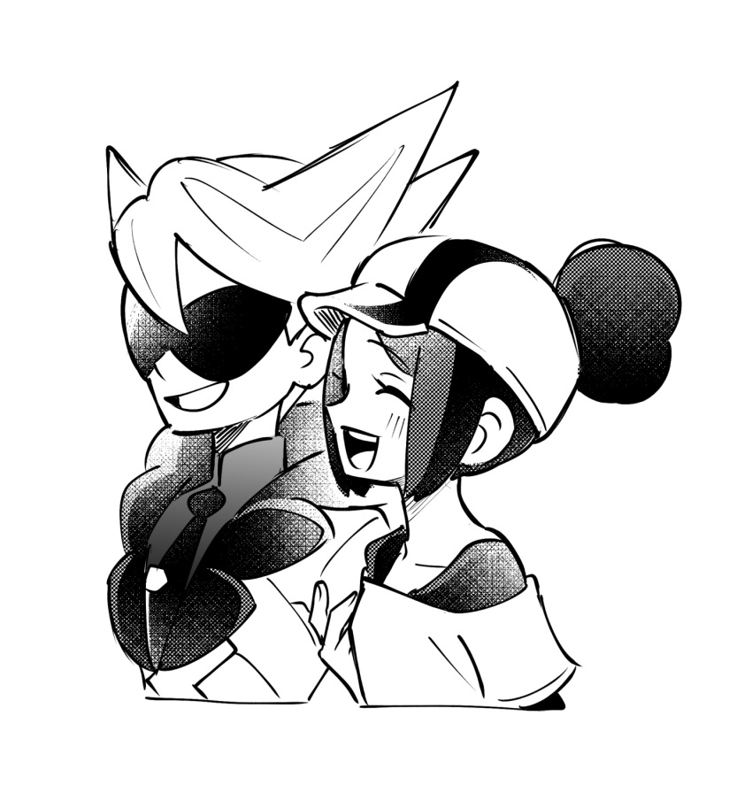 1boy, 1girl, bettie_(pokemon), blush, closed_eyes, commentary, cropped_torso, from_side