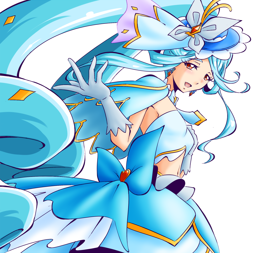 1girl, :d, armpits, back_bow, blue_bow, blue_hair, blue_skirt, blue_theme