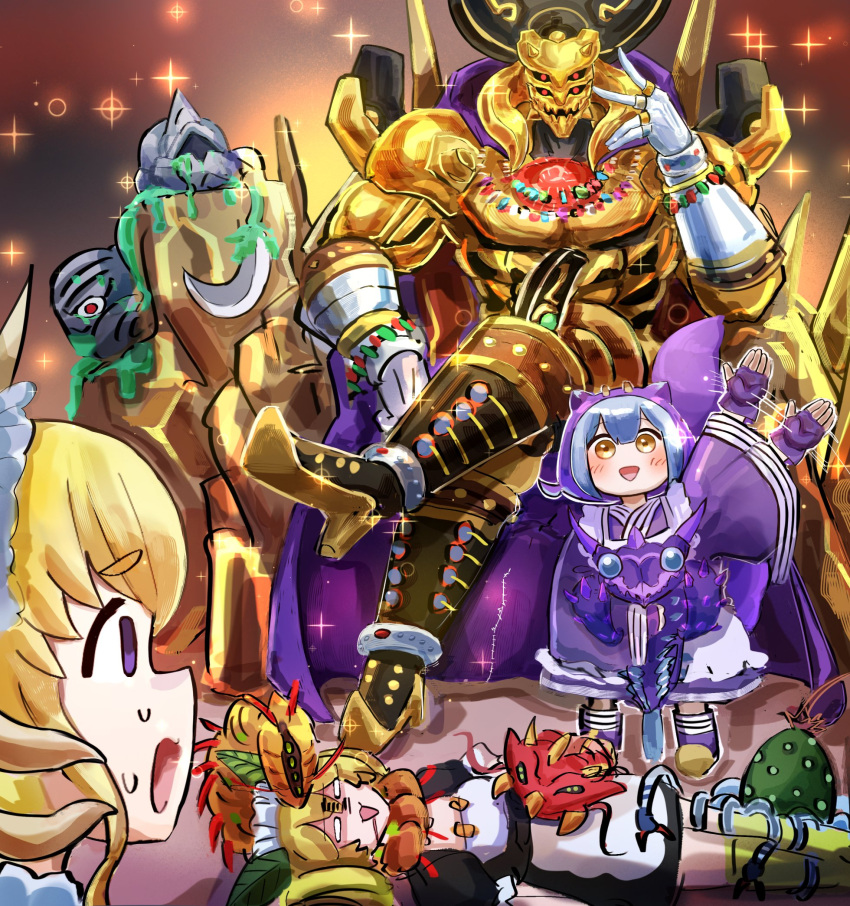 1boy, 3girls, apron, blonde_hair, blood, blood_from_mouth, blue_gloves, blue_hair, blue_kimono, blush, cape, character_request, dragon_girl, dragon_horns, dragon_tail, duel_monster, eldlich_the_golden_lord, extra_eyes, fingerless_gloves, gloves, gold, hatano_kiyoshi, high_heels, highres, holding, horns, japanese_clothes, jewelry, kimono, lady's_dragonmaid, laundry_dragonmaid, maid, maid_apron, maid_headdress, multiple_girls, open_mouth, paleozoic_anomalocaris, paleozoic_canadia, paleozoic_olenoides, parlor_dragonmaid, red_eyes, sitting, sweatdrop, tail, violet_eyes, wa_maid, waist_apron, waving, white_gloves, yellow_eyes, yu-gi-oh!