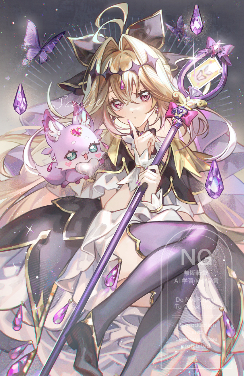 1girl, absurdres, antenna_hair, black_bow, black_capelet, black_dress, black_thighhighs, blonde_hair
