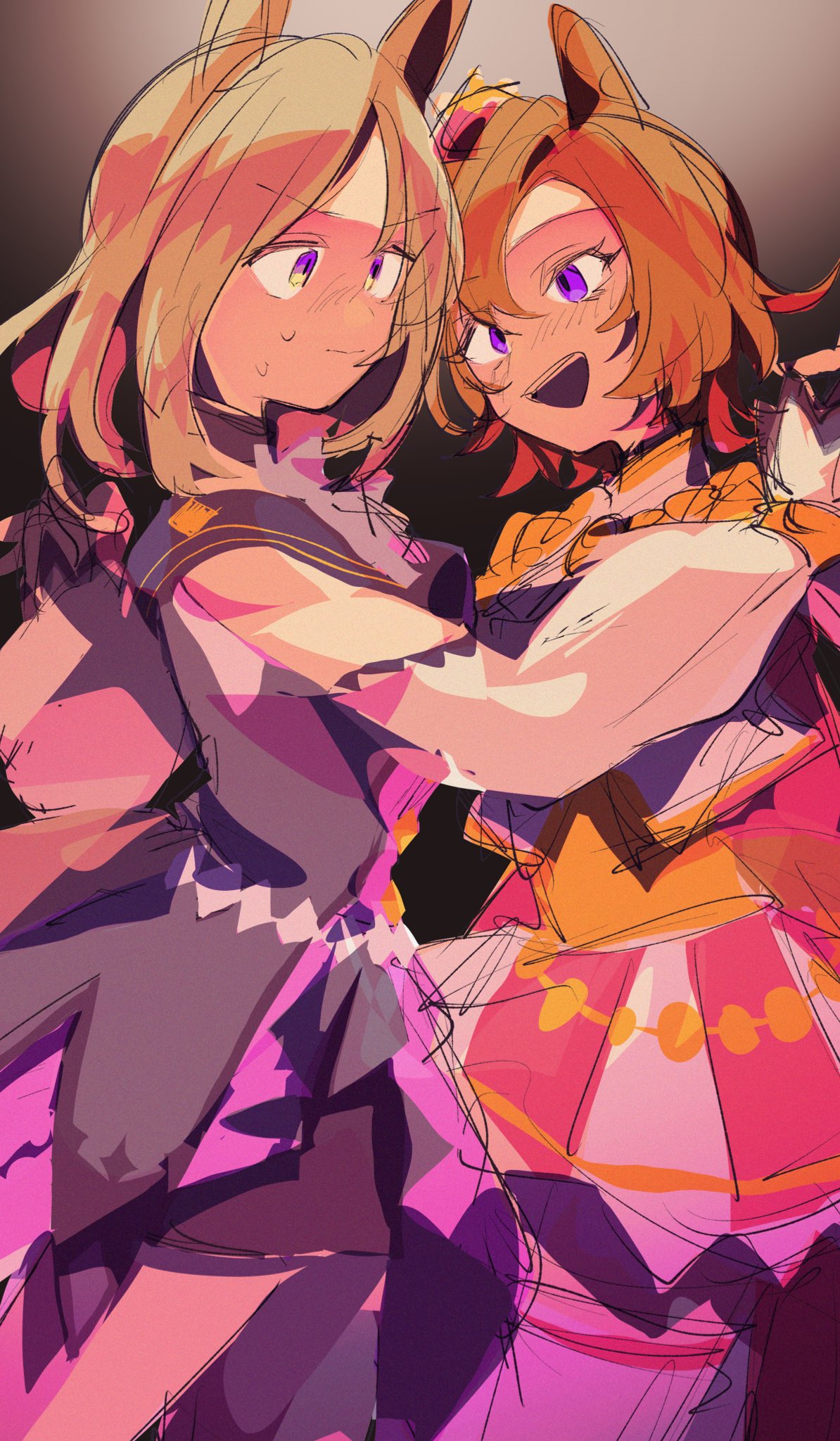 2girls, amano_(amano_miko), animal_ears, blonde_hair, closed_mouth, commentary_request, crown, dress