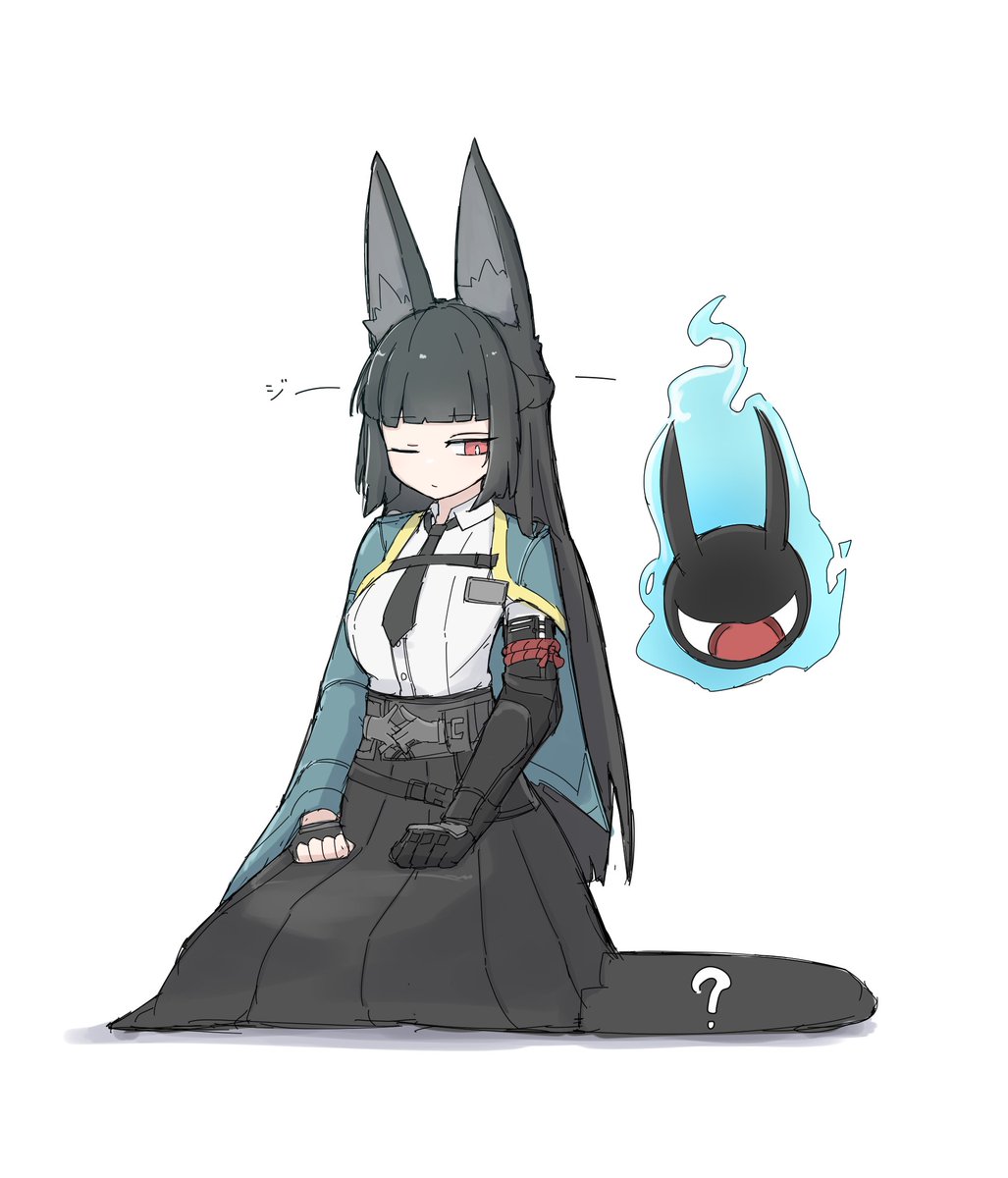 1girl, animal_ears, aqua_jacket, black_hair, black_necktie, black_skirt, blunt_bangs, collared_shirt