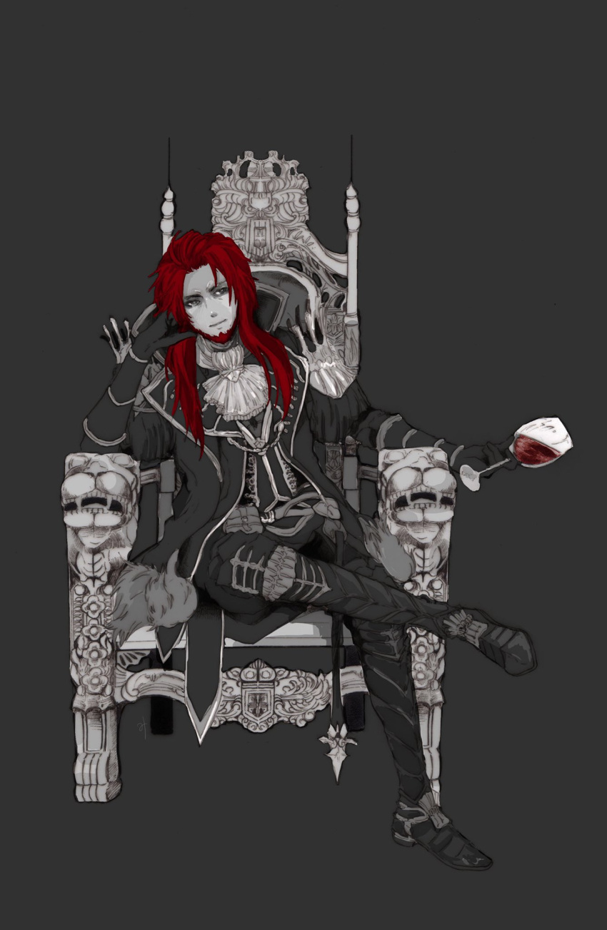 1boy, ascot, bad_id, bad_pixiv_id, beard, bright_pupils, chain, chair