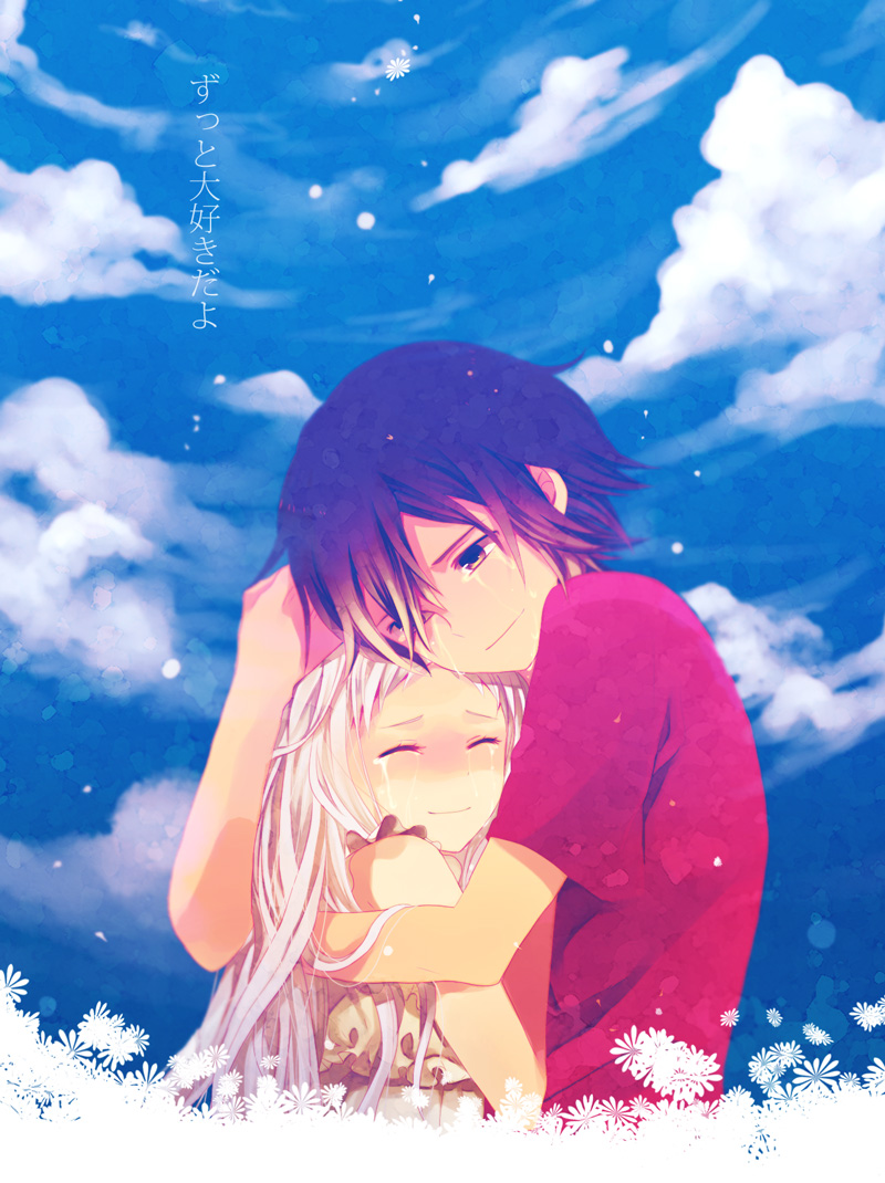 1girl, ano_hi_mita_hana_no_namae_wo_bokutachi_wa_mada_shiranai, bare_shoulders, brown_eyes, brown_hair, closed_eyes, cloud, couple, eyes_closed, flower, frills, honma_meiko, hug, long_hair, ono_(0_no), sky, sleeveless, t-shirt, tears, translated, translation_request, white_hair, yadomi_jinta