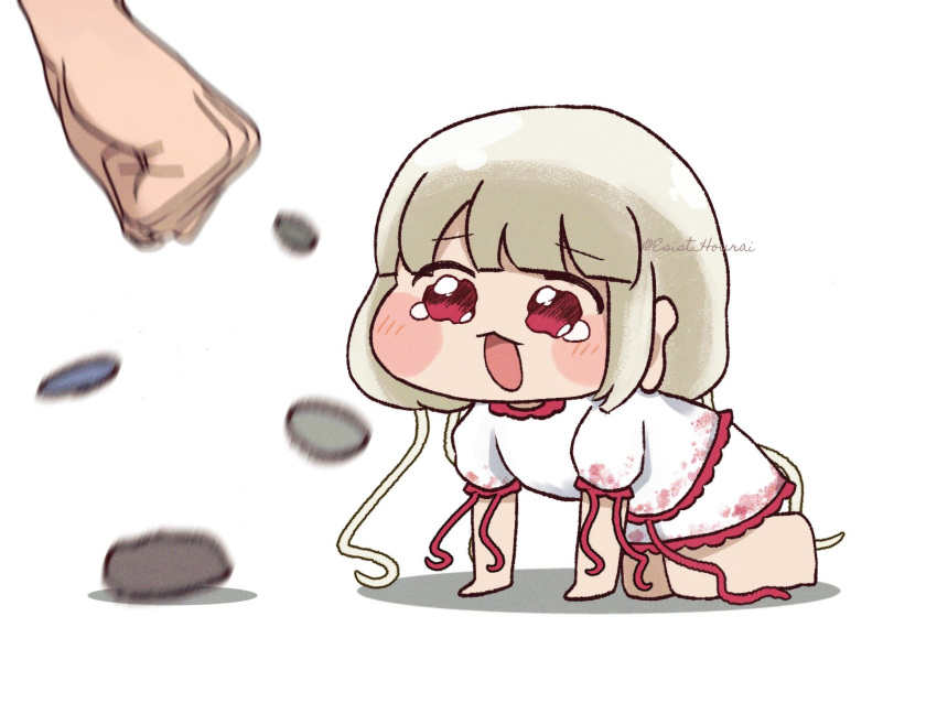 1girl, 1other, all_fours, blunt_bangs, blush, chibi, chibi_only, commentary_request