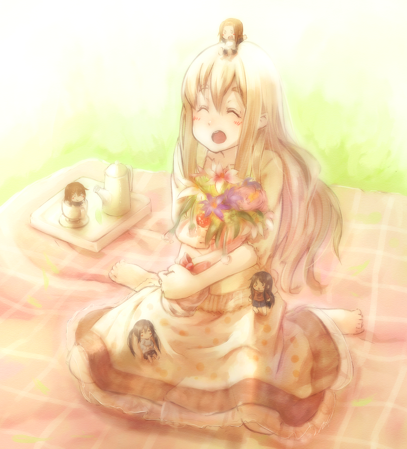 bad_id, barefoot, blonde_hair, bouquet, casual, chibi, closed_eyes, dress