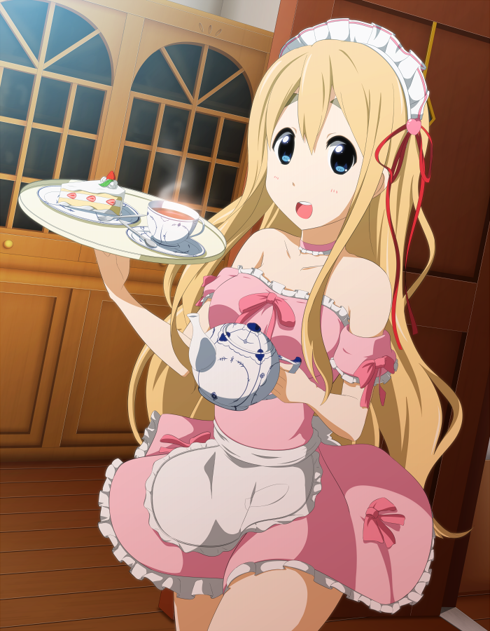 armband, blonde_hair, blue_eyes, cake, cup, food, igashiko, k-on!, kotobuki_tsumugi, lolita_fashion, long_hair, solo, sweet_lolita, teacup, teapot, tray, waitress