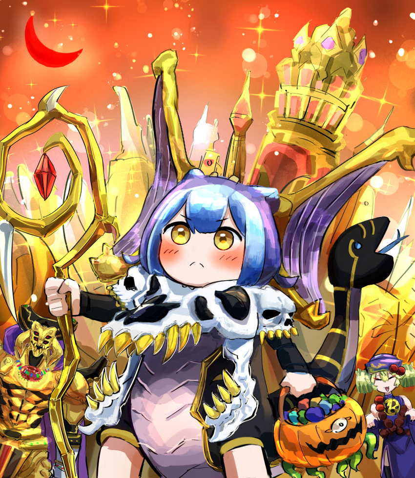 1boy, 2girls, blue_hair, blush, candy, changshi_the_spiridao, changshi_the_spiridao_(cosplay), commentary_request, cosplay, crescent_moon, doomking_balerdroch, doomking_balerdroch_(cosplay), dragon_girl, duel_monster, eldlich_the_golden_lord, extra_eyes, food, gloves, gold, green_hair, hatano_kiyoshi, highres, holding, holding_staff, laundry_dragonmaid, moon, multiple_girls, muscular, muscular_male, parlor_dragonmaid, pumpking_the_king_of_ghosts, red_eyes, red_moon, staff, tail, white_gloves, yellow_eyes, yu-gi-oh!