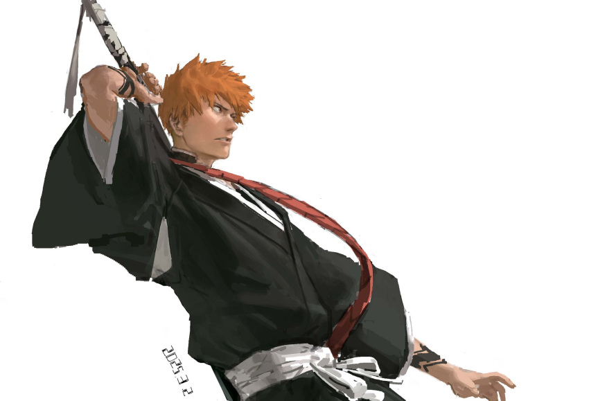 1boy, 2025, arm_up, black_kimono, bleach, commentary, dated, drawing_sword