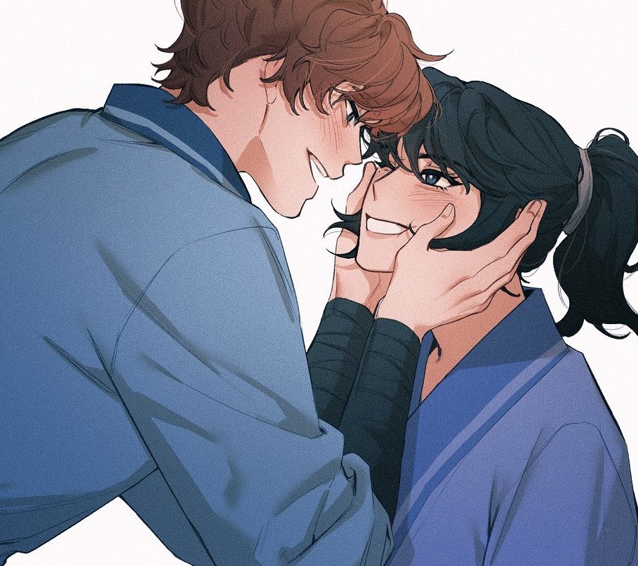 1boy, 1girl, animification, black_hair, blue_eyes, blush, bright_pupils, brown_hair