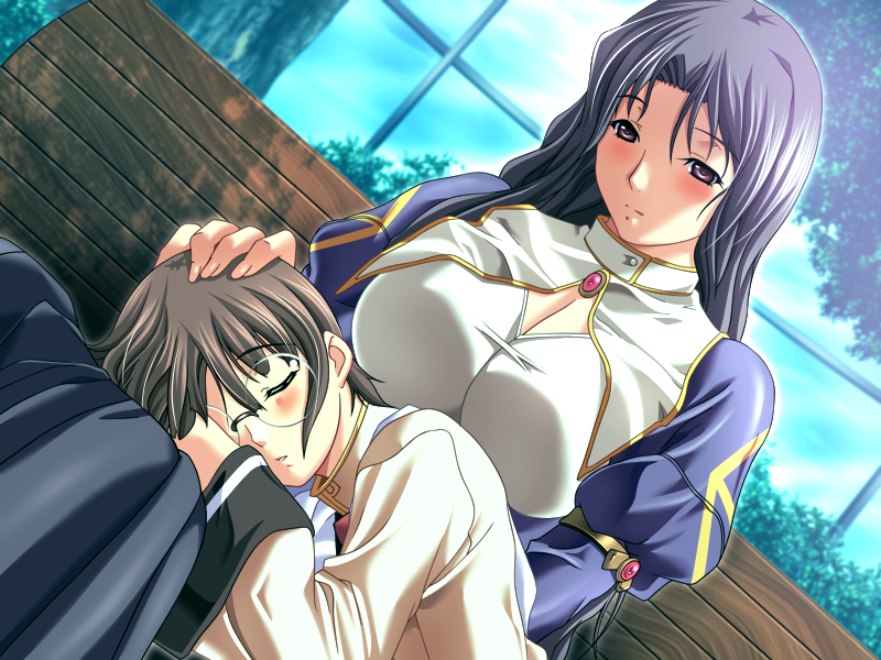 1boy, 1girl, bench, black_hair, blue_dress, blush, breasts, brown_hair
