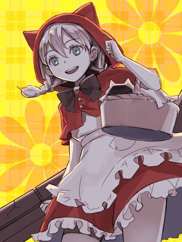 1girl, :d, animal_ear_hood, apron, basket, blonde_hair, blue_eyes, bow