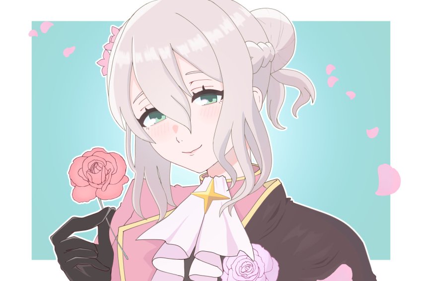 1girl, aqua_background, ascot, black_gloves, blush, border, commentary_request, effie_(fire_emblem)