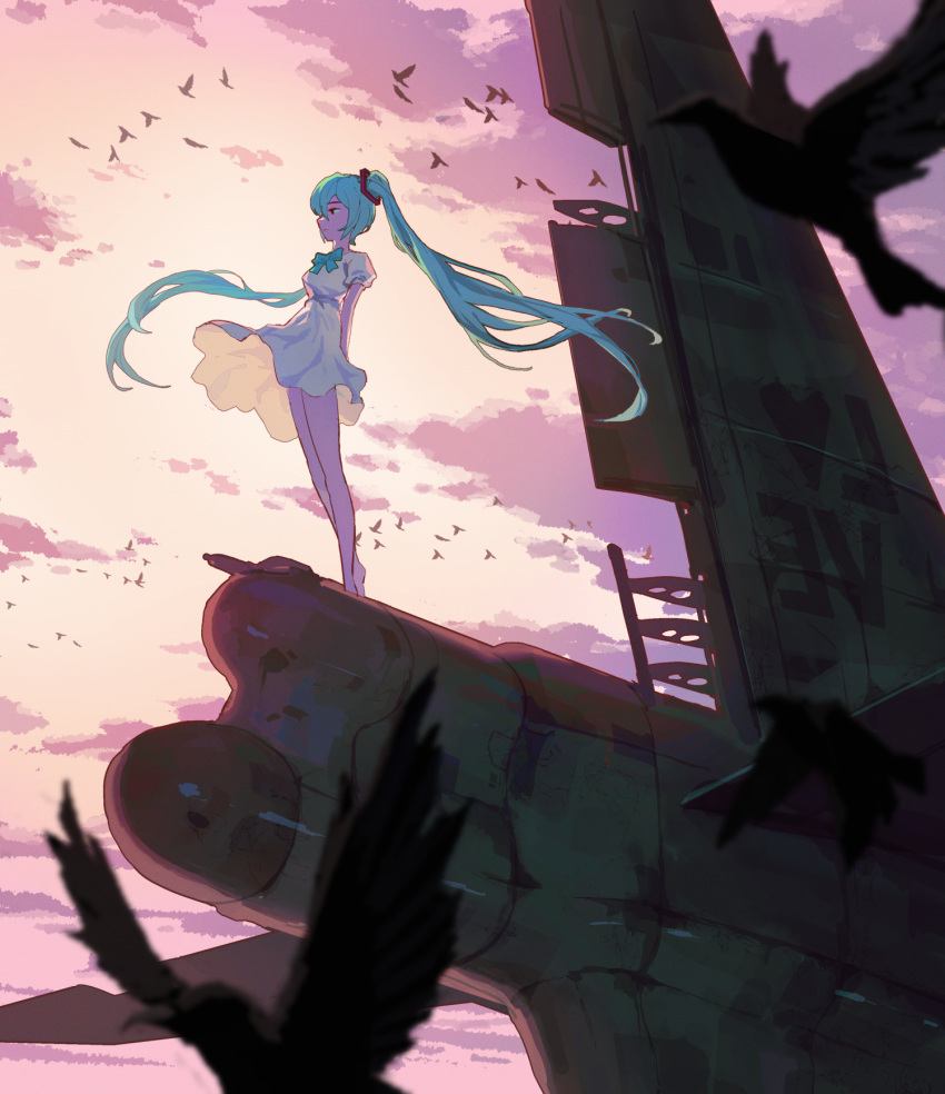1girl, aircraft, airplane, bird, blue_bow, blue_hair, bow, broken