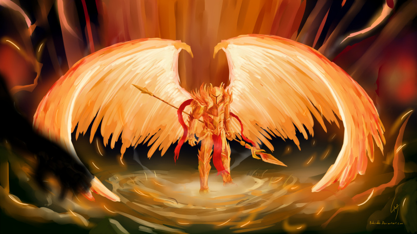 1boy, armor, blurry, blurry_foreground, bohrokki, fire, full_armor, full_body