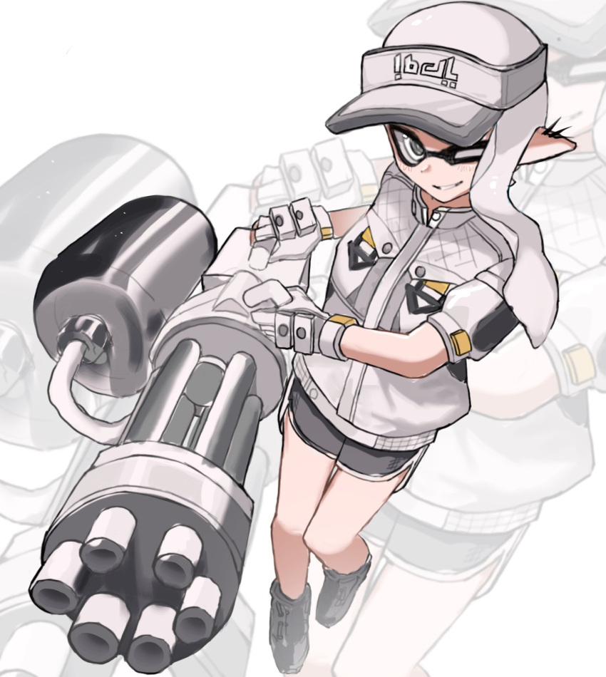 1girl, black_shorts, commentary_request, dolphin_shorts, gatling_gun, gloves, grey_eyes, grey_hair